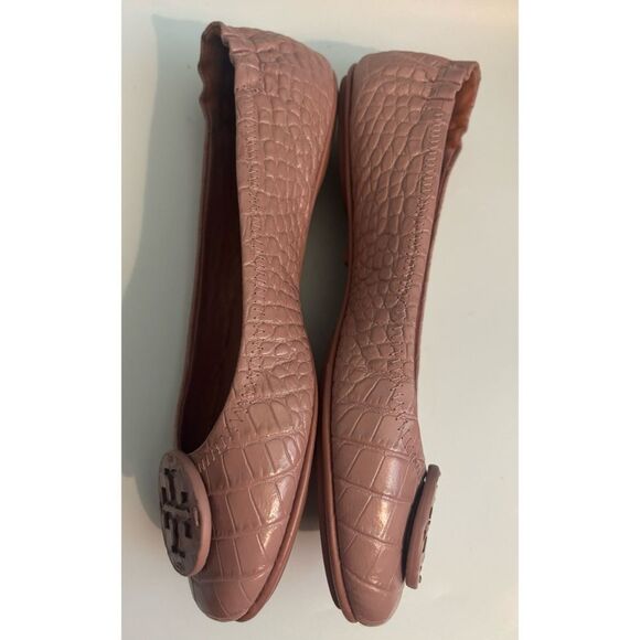 Tory Burch MINNIE Travel Rosa Ballet Flats Logo Pink Croco Embos Shoe Size 8 - Picture 6 of 11
